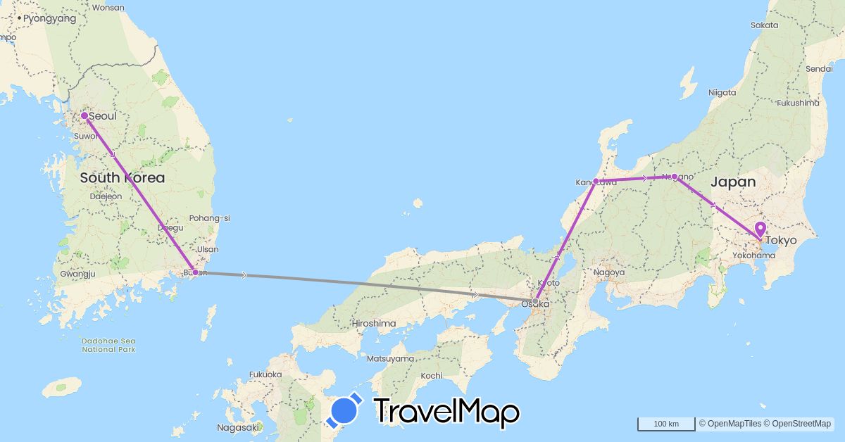 TravelMap itinerary: driving, plane, train in Japan, South Korea (Asia)
